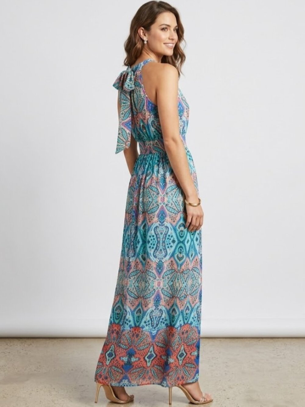 Eliza J Womens Paisley Halter Maxi Dress Size 6 Blue Coral Tie Neck Boho Lined